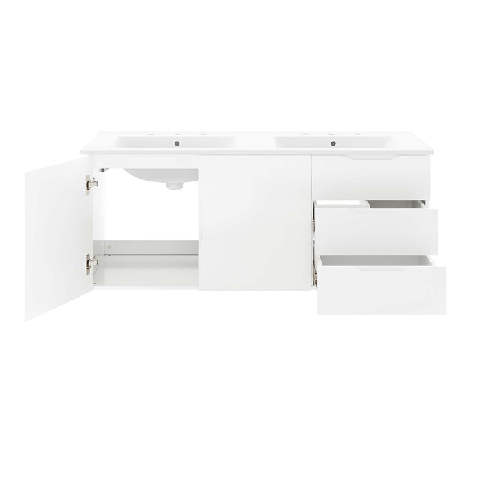 48-Inch Jericho Large All White Melamine Wall-Mount Double Sink Bathroom Vanity with White Countertop and Dual Drawer Storage