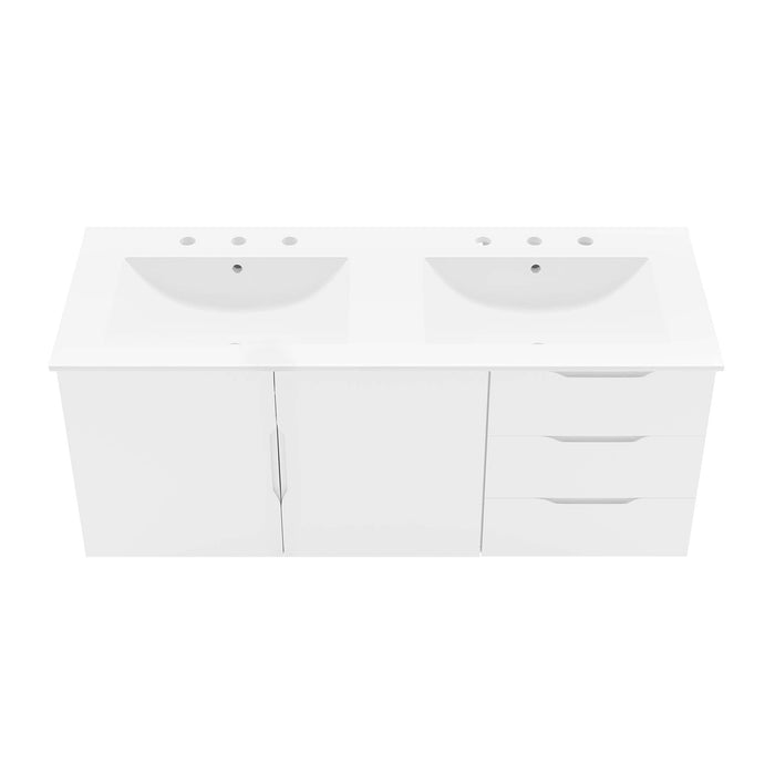 48-Inch Jericho Large All White Melamine Wall-Mount Double Sink Bathroom Vanity with White Countertop and Dual Drawer Storage