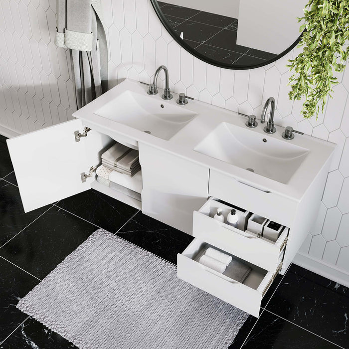 48-Inch Jericho Large All White Melamine Wall-Mount Double Sink Bathroom Vanity with White Countertop and Dual Drawer Storage