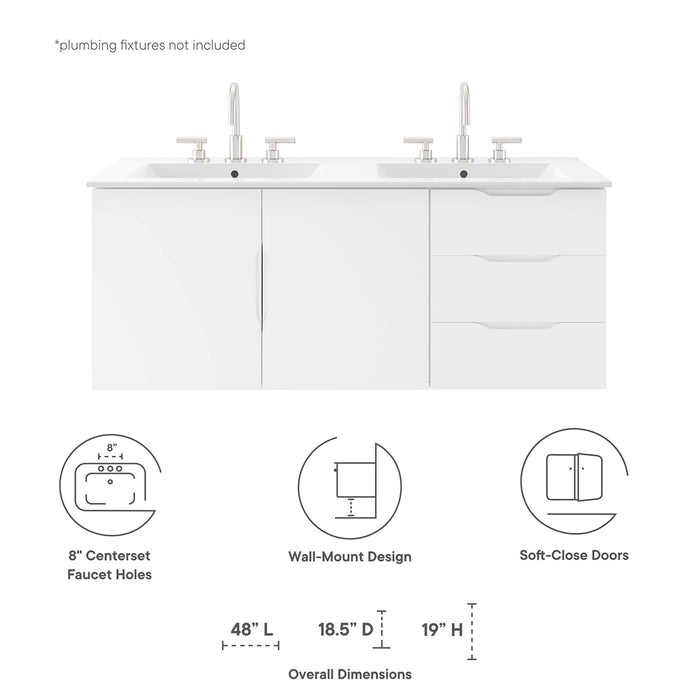 48-Inch Jericho Large All White Melamine Wall-Mount Double Sink Bathroom Vanity with White Countertop and Dual Drawer Storage