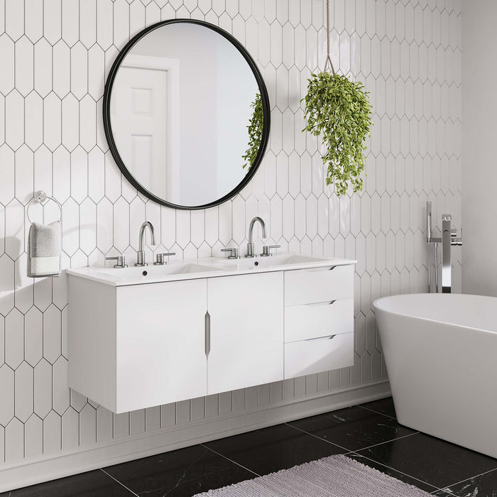 48-Inch Jericho Large All White Melamine Wall-Mount Double Sink Bathroom Vanity with White Countertop and Dual Drawer Storage