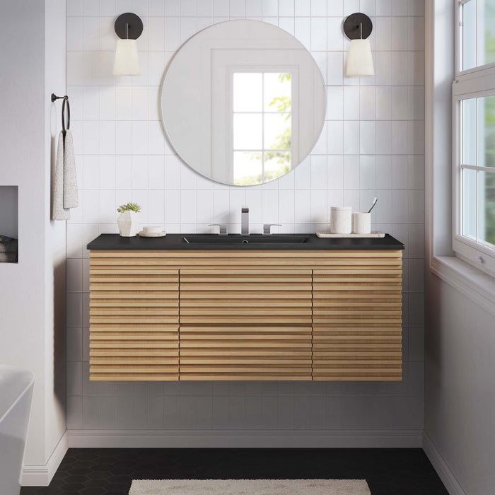 48 Inch Tezza Wall-Mount Single Bath Vanity MDF Particleboard Oak Black with Soft-Close Drawers Ceramic Basin