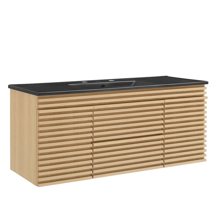 48 Inch Tezza Wall-Mount Single Bath Vanity MDF Particleboard Oak Black with Soft-Close Drawers Ceramic Basin