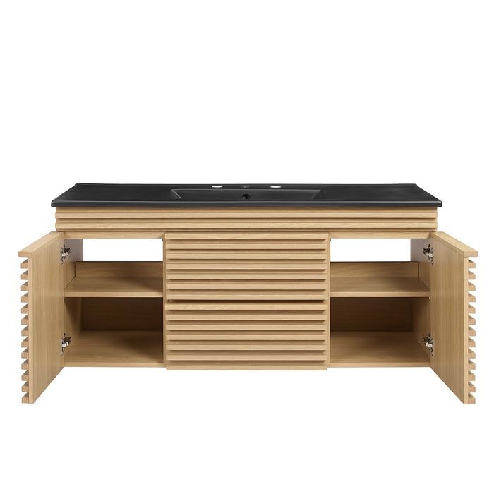 48 Inch Tezza Wall-Mount Single Bath Vanity MDF Particleboard Oak Black with Soft-Close Drawers Ceramic Basin