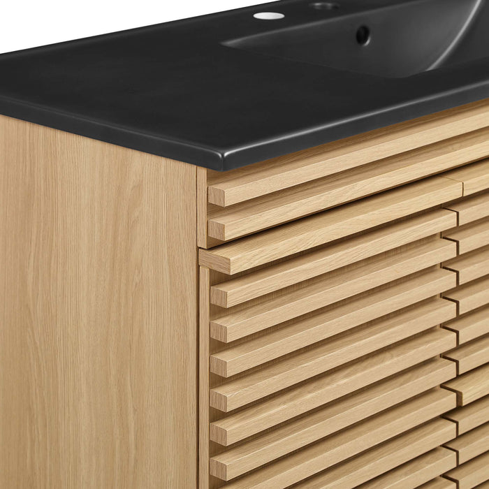 48 Inch Tezza Wall-Mount Single Bath Vanity MDF Particleboard Oak Black with Soft-Close Drawers Ceramic Basin