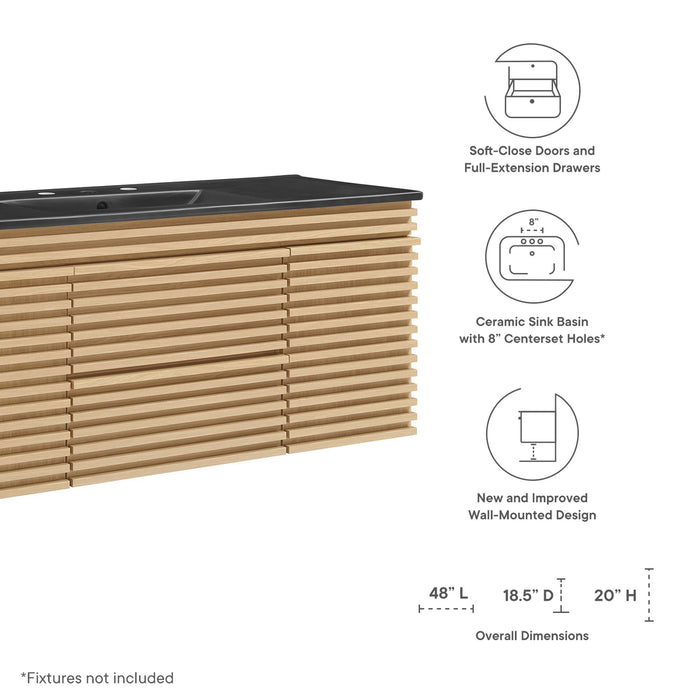 48 Inch Tezza Wall-Mount Single Bath Vanity MDF Particleboard Oak Black with Soft-Close Drawers Ceramic Basin