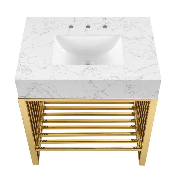 30-Inch Vicky Modern Bathroom Vanity – Slatted Wood Cabinet with Open Base