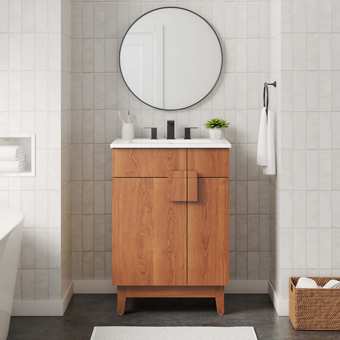 24-Inch Willand Modern Single Bath Vanity Particleboard Walnut Finish with Rubberwood Legs Ceramic Basin