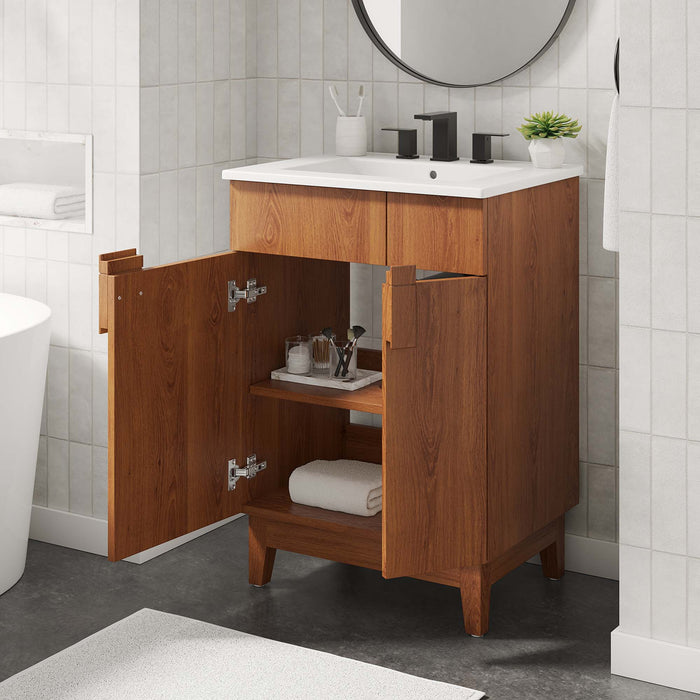 24-Inch Willand Modern Single Bath Vanity Particleboard Walnut Finish with Rubberwood Legs Ceramic Basin