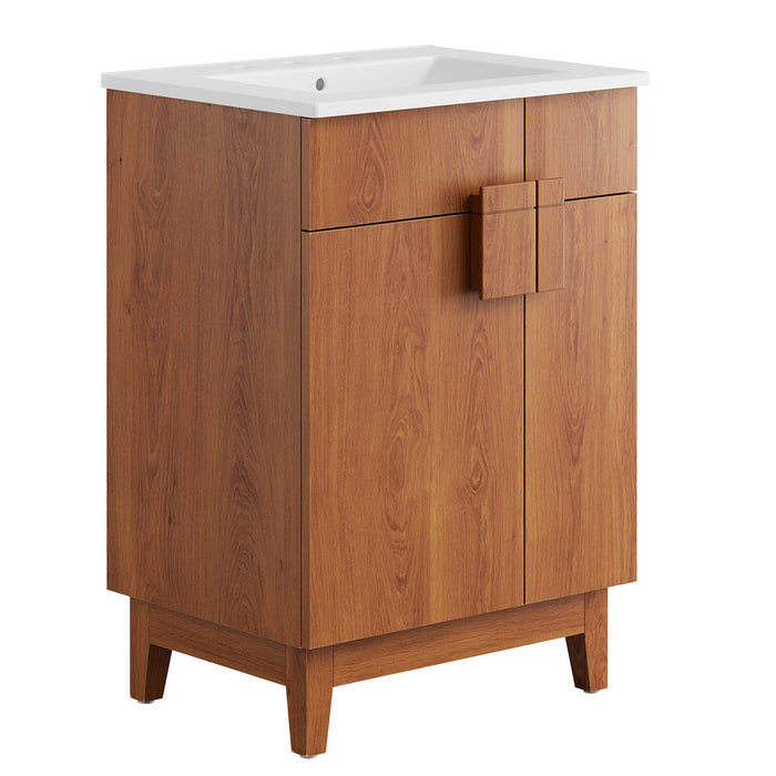 24-Inch Willand Modern Single Bath Vanity Particleboard Walnut Finish with Rubberwood Legs Ceramic Basin