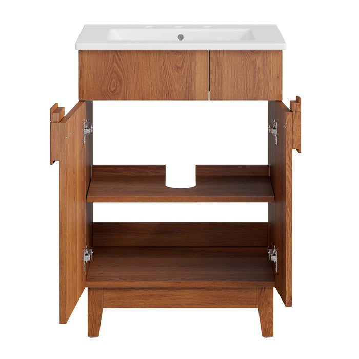 24-Inch Willand Modern Single Bath Vanity Particleboard Walnut Finish with Rubberwood Legs Ceramic Basin
