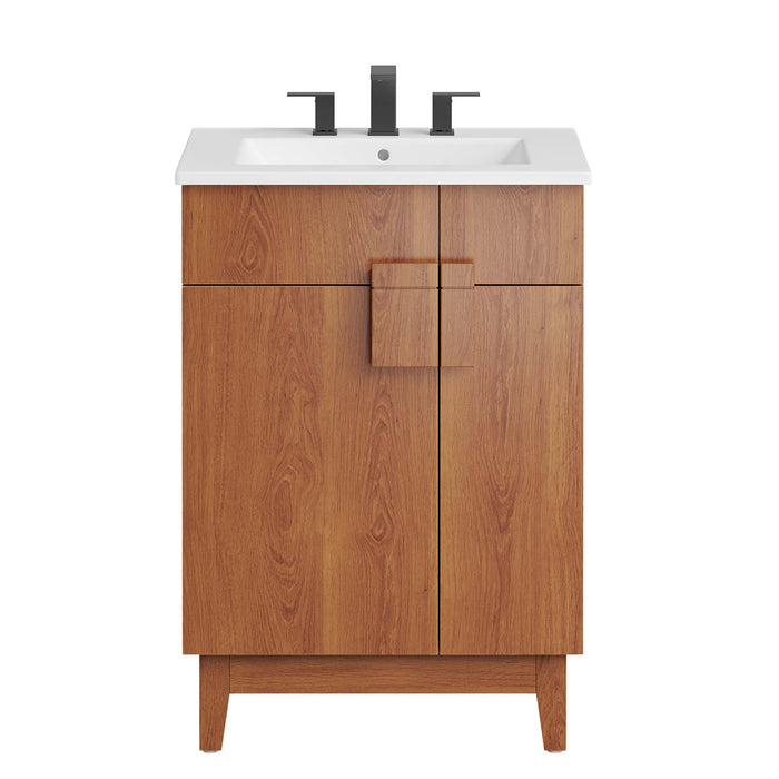 24-Inch Willand Modern Single Bath Vanity Particleboard Walnut Finish with Rubberwood Legs Ceramic Basin