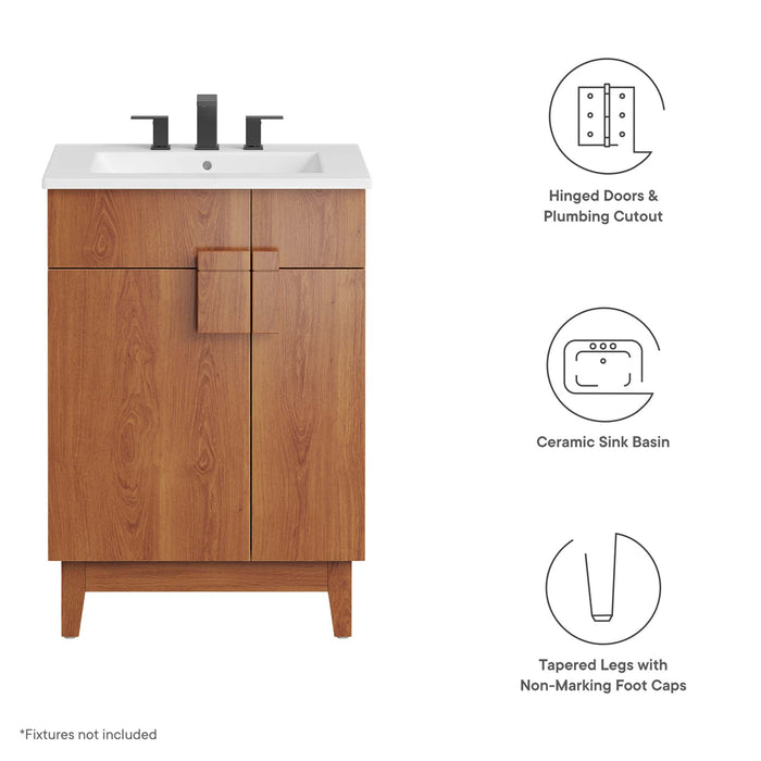 24-Inch Willand Modern Single Bath Vanity Particleboard Walnut Finish with Rubberwood Legs Ceramic Basin