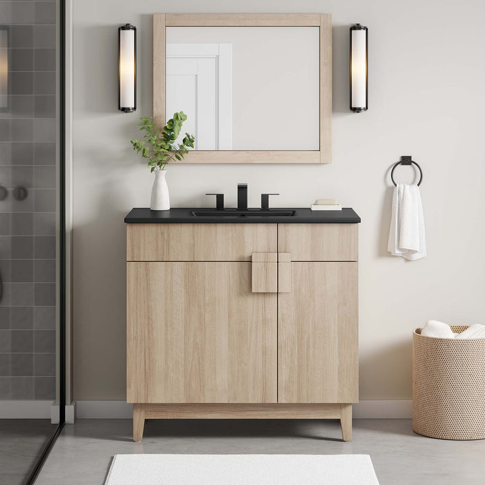 36 Inch Neutron Modern Single Bath Vanity Particleboard Black Oak Finish with Rubberwood Legs Ceramic Basin