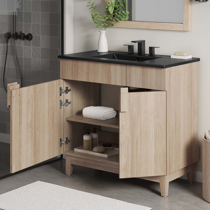 36 Inch Neutron Modern Single Bath Vanity Particleboard Black Oak Finish with Rubberwood Legs Ceramic Basin