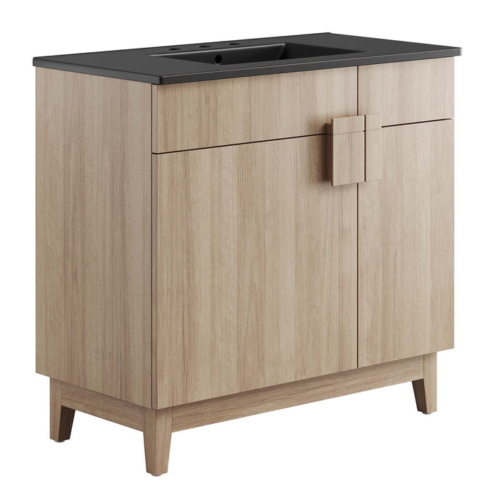 36 Inch Neutron Modern Single Bath Vanity Particleboard Black Oak Finish with Rubberwood Legs Ceramic Basin