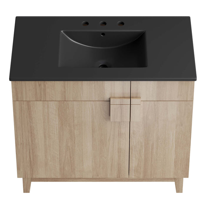 36 Inch Neutron Modern Single Bath Vanity Particleboard Black Oak Finish with Rubberwood Legs Ceramic Basin