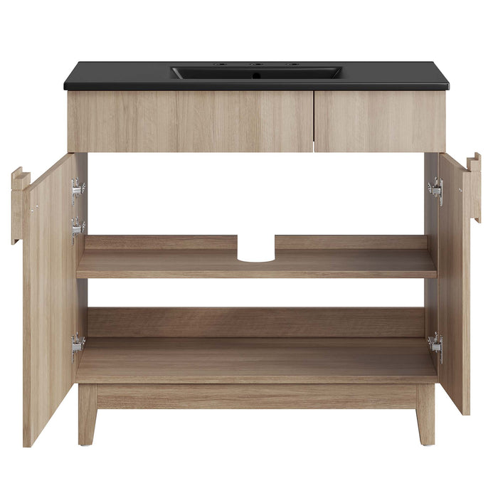 36 Inch Neutron Modern Single Bath Vanity Particleboard Black Oak Finish with Rubberwood Legs Ceramic Basin