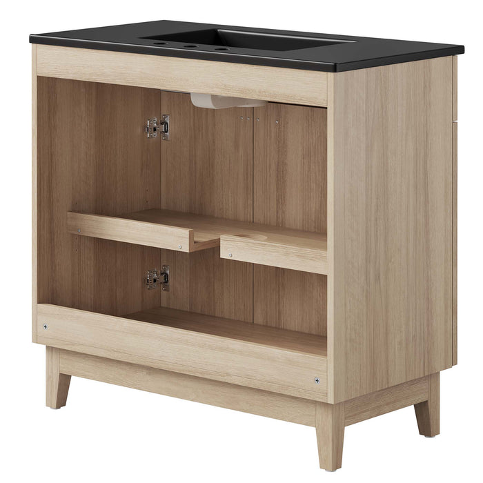 36 Inch Neutron Modern Single Bath Vanity Particleboard Black Oak Finish with Rubberwood Legs Ceramic Basin