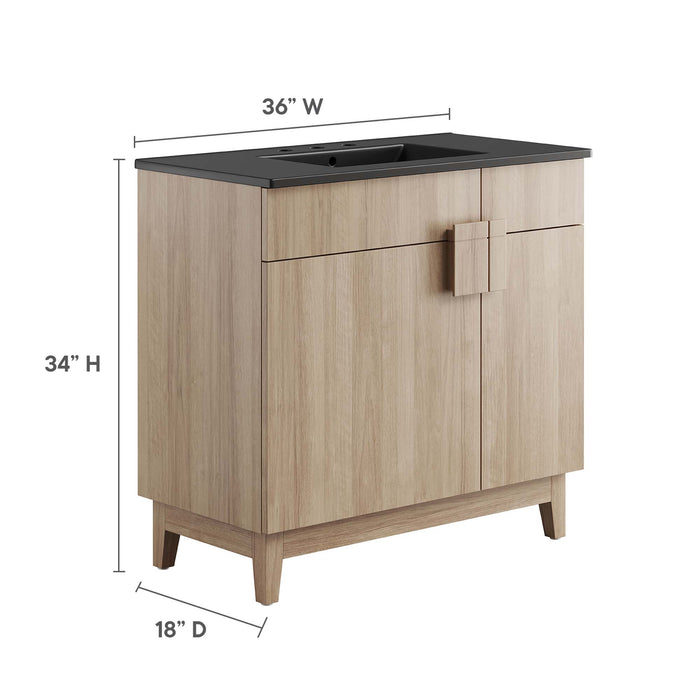 36 Inch Neutron Modern Single Bath Vanity Particleboard Black Oak Finish with Rubberwood Legs Ceramic Basin