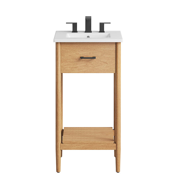 18-Inch Dark Compact Natural Wood Bathroom Vanity with Integrated Countertop and Fixed Drawer Storage