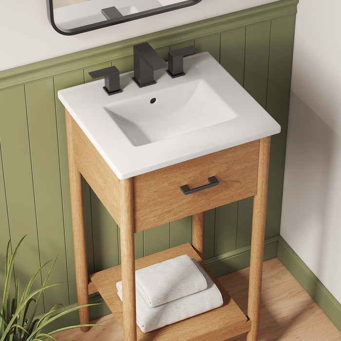 18-Inch Dark Compact Natural Wood Bathroom Vanity with Integrated Countertop and Fixed Drawer Storage