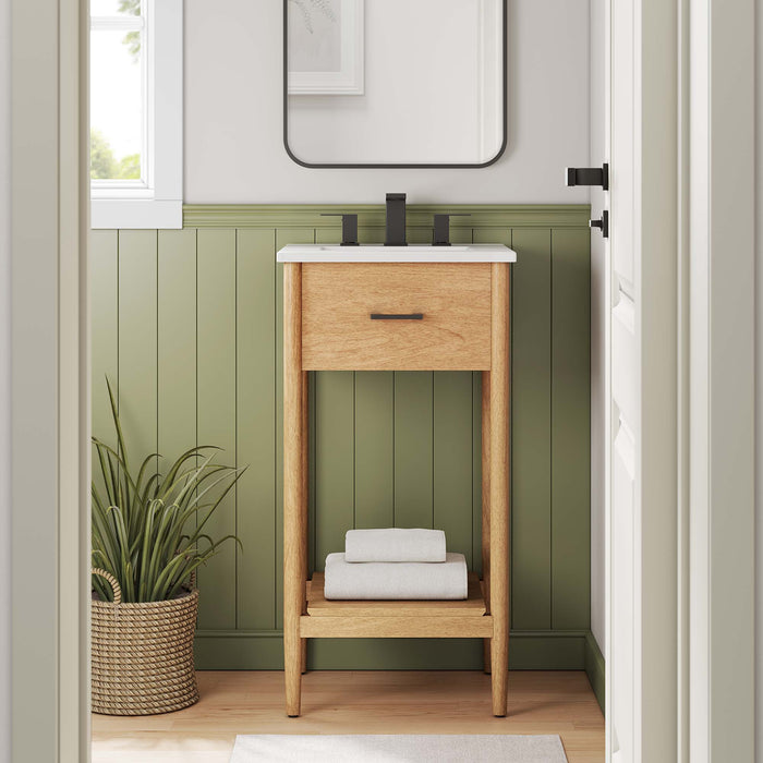 18-Inch Dark Compact Natural Wood Bathroom Vanity with Integrated Countertop and Fixed Drawer Storage
