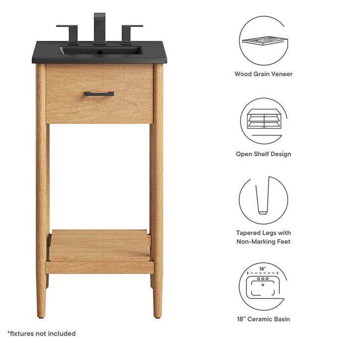 18-Inch Sonore Natural Wood Rubberwood Bathroom Vanity with Black Countertop and Tapered Legs