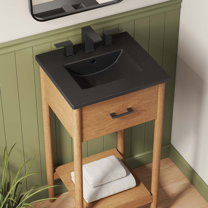 18-Inch Sonore Natural Wood Rubberwood Bathroom Vanity with Black Countertop and Tapered Legs