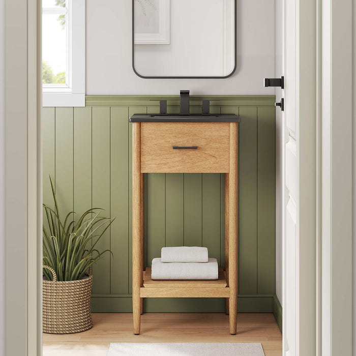 18-Inch Sonore Natural Wood Rubberwood Bathroom Vanity with Black Countertop and Tapered Legs