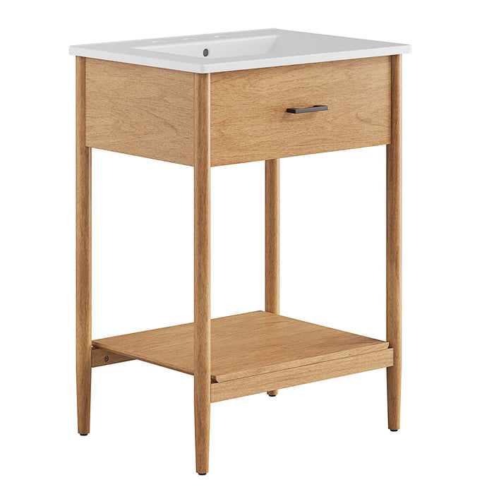 24-Inch Solid Natural Rubberwood Wood Grain Overlea Bathroom Vanity with Ceramic Basin and Open Shelf Storage