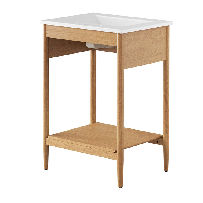 24-Inch Solid Natural Rubberwood Wood Grain Overlea Bathroom Vanity with Ceramic Basin and Open Shelf Storage