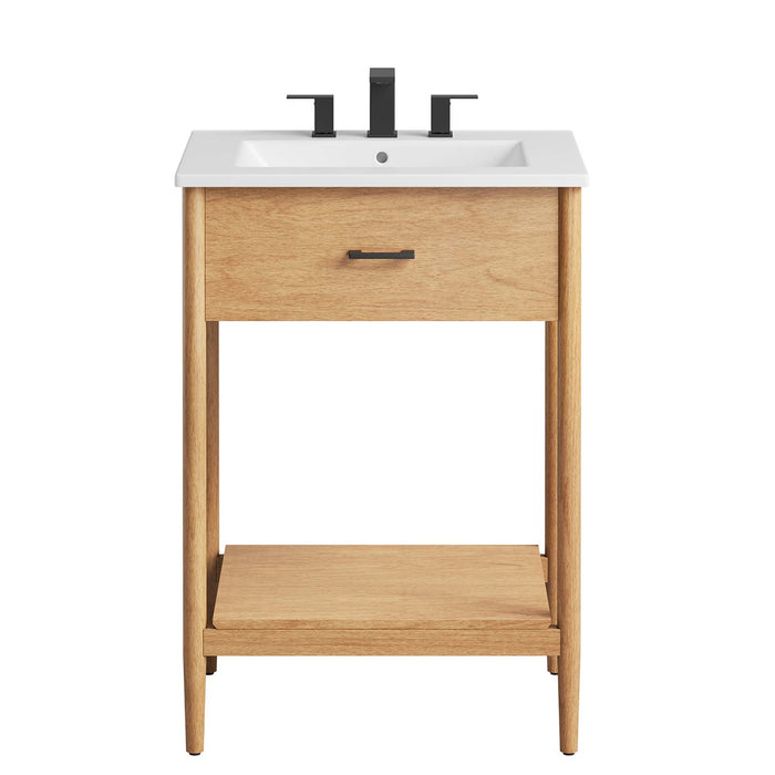 24-Inch Solid Natural Rubberwood Wood Grain Overlea Bathroom Vanity with Ceramic Basin and Open Shelf Storage