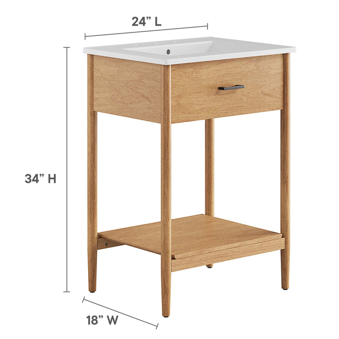 24-Inch Solid Natural Rubberwood Wood Grain Overlea Bathroom Vanity with Ceramic Basin and Open Shelf Storage