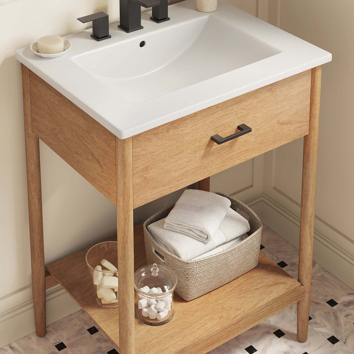 24-Inch Solid Natural Rubberwood Wood Grain Overlea Bathroom Vanity with Ceramic Basin and Open Shelf Storage