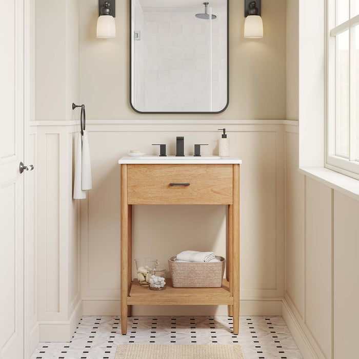 24-Inch Solid Natural Rubberwood Wood Grain Overlea Bathroom Vanity with Ceramic Basin and Open Shelf Storage