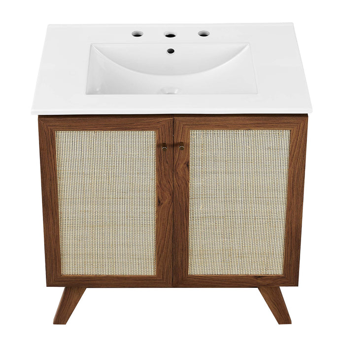 30-Inch Arely MDF Particleboard Soma Single Bathroom Vanity Modern Walnut White with Rattan Weave Doors Integrated Ceramic