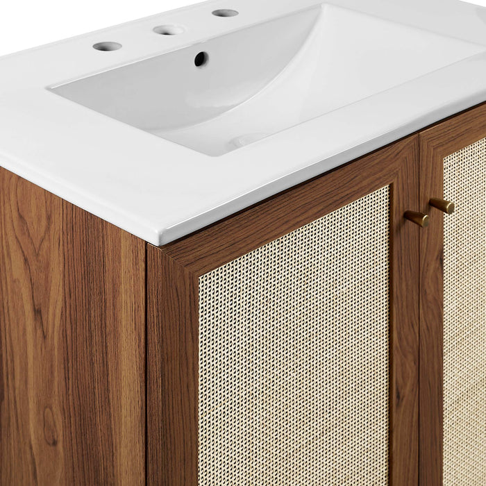 30-Inch Arely MDF Particleboard Soma Single Bathroom Vanity Modern Walnut White with Rattan Weave Doors Integrated Ceramic