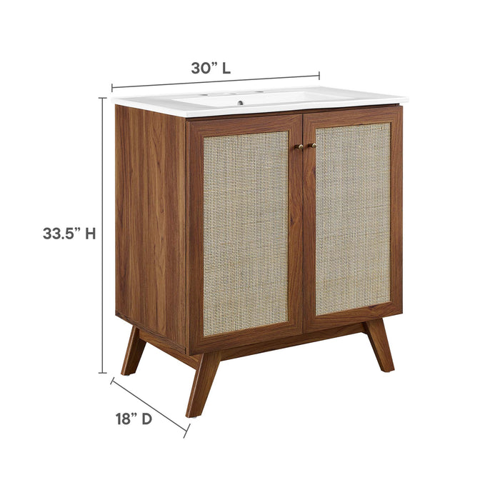 30-Inch Arely MDF Particleboard Soma Single Bathroom Vanity Modern Walnut White with Rattan Weave Doors Integrated Ceramic