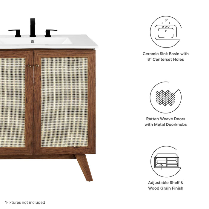 30-Inch Arely MDF Particleboard Soma Single Bathroom Vanity Modern Walnut White with Rattan Weave Doors Integrated Ceramic