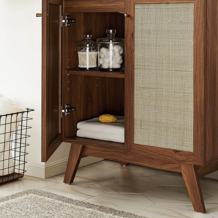 30-Inch Arely MDF Particleboard Soma Single Bathroom Vanity Modern Walnut White with Rattan Weave Doors Integrated Ceramic
