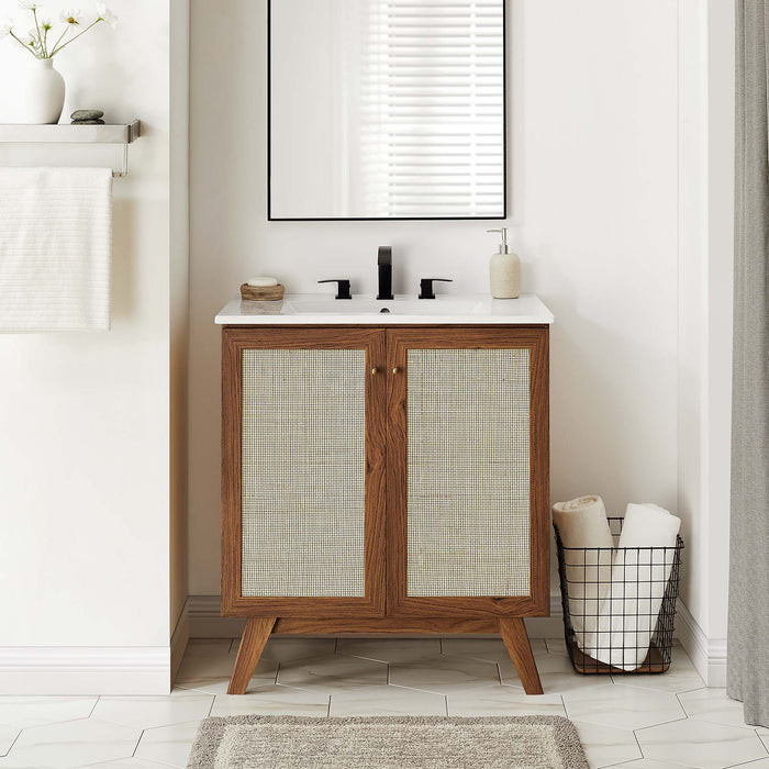 30-Inch Arely MDF Particleboard Soma Single Bathroom Vanity Modern Walnut White with Rattan Weave Doors Integrated Ceramic