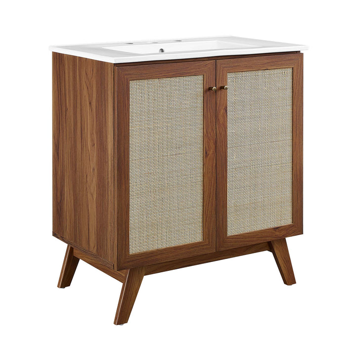 30-Inch Arely MDF Particleboard Soma Single Bathroom Vanity Modern Walnut White with Rattan Weave Doors Integrated Ceramic