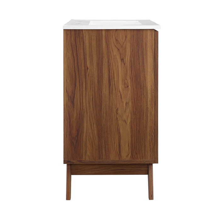 30-Inch Arely MDF Particleboard Soma Single Bathroom Vanity Modern Walnut White with Rattan Weave Doors Integrated Ceramic