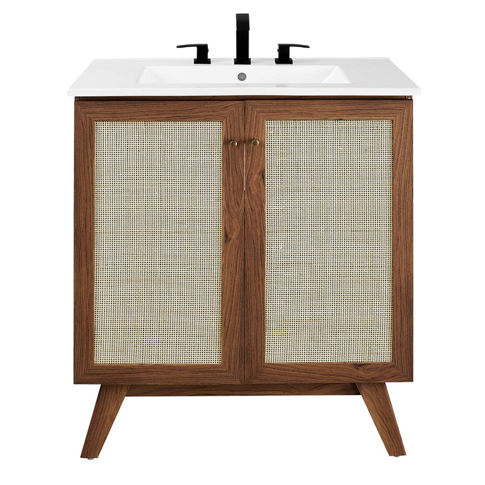 30-Inch Arely MDF Particleboard Soma Single Bathroom Vanity Modern Walnut White with Rattan Weave Doors Integrated Ceramic