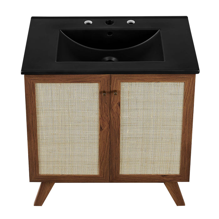 30-Inch Gamada Modern Single Bath Vanity MDF Particleboard Walnut Black with Rattan Weave Organic Ceramic Basin