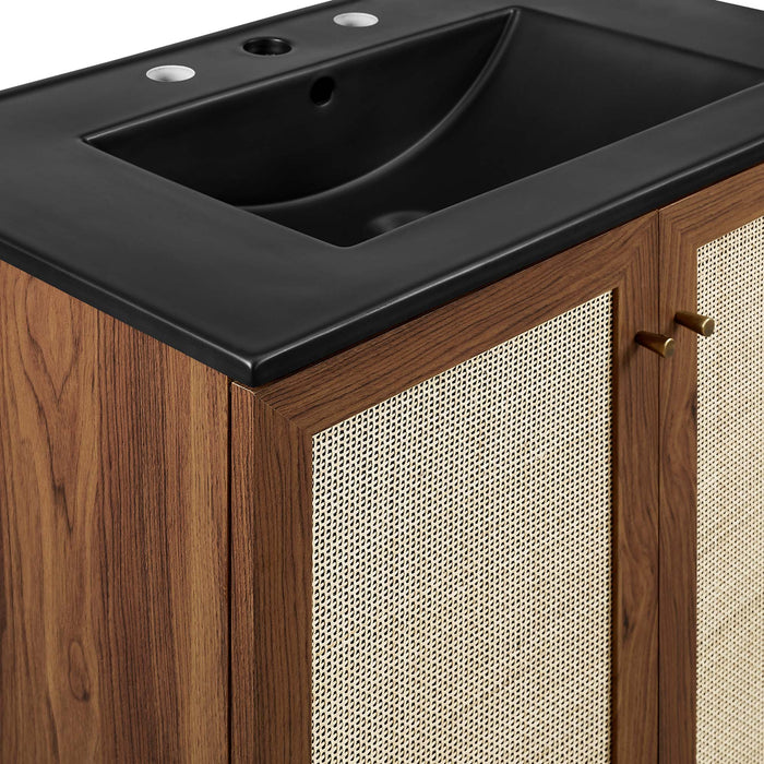 30-Inch Gamada Modern Single Bath Vanity MDF Particleboard Walnut Black with Rattan Weave Organic Ceramic Basin