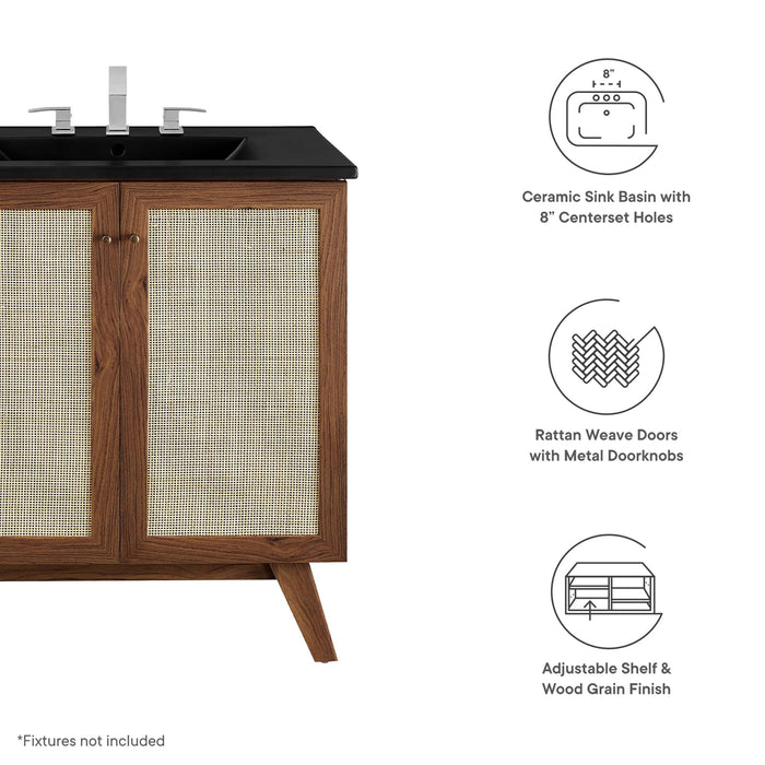 30-Inch Gamada Modern Single Bath Vanity MDF Particleboard Walnut Black with Rattan Weave Organic Ceramic Basin