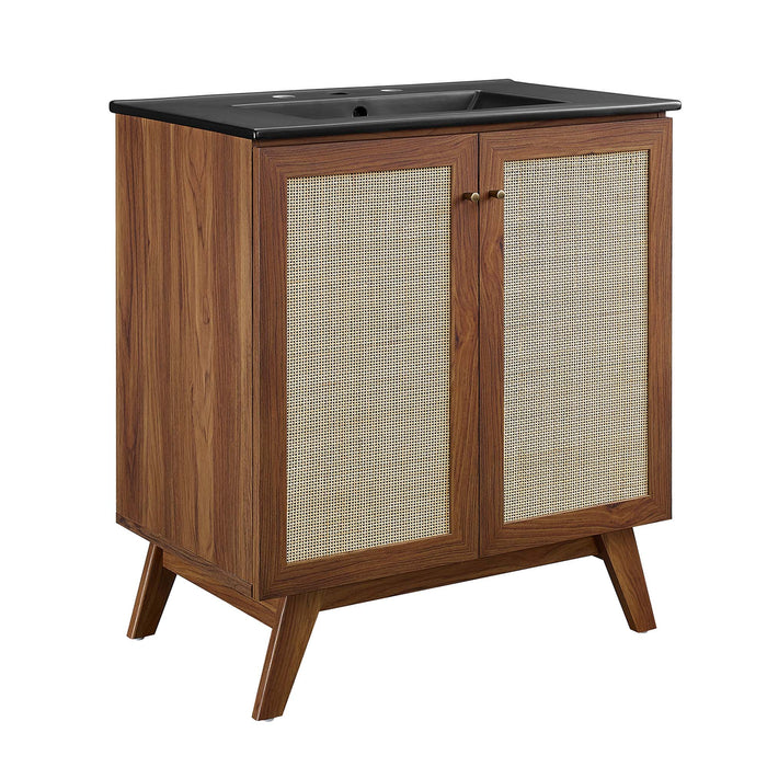 30-Inch Gamada Modern Single Bath Vanity MDF Particleboard Walnut Black with Rattan Weave Organic Ceramic Basin