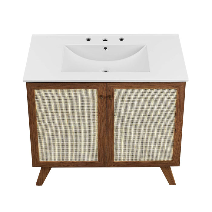 36-Inch Kendi MDF Particleboard Soma Single Bathroom Vanity Modern Walnut White with Rattan Weave Doors Integrated Ceramic